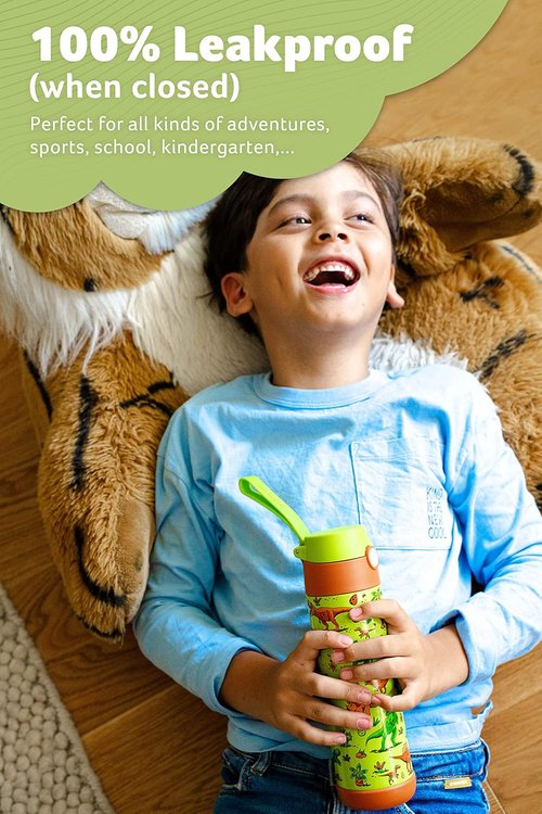 Jarlson® Kids Water Bottle MALI - Insulated 18oz Stainless Steel Thermo Bottle | Leak Proof for School & Sports (Dinosaurs)