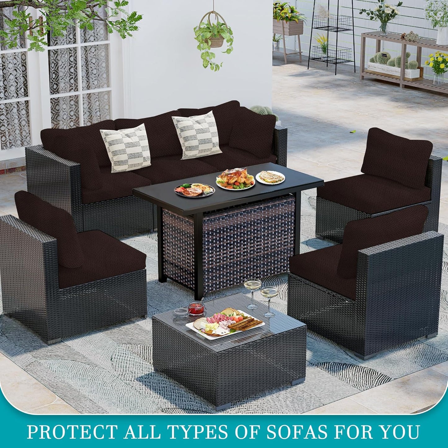 Skiennix 14-Piece Stretch Patio Cushion Covers - Washable Outdoor Sofa Slipcovers in Coffee