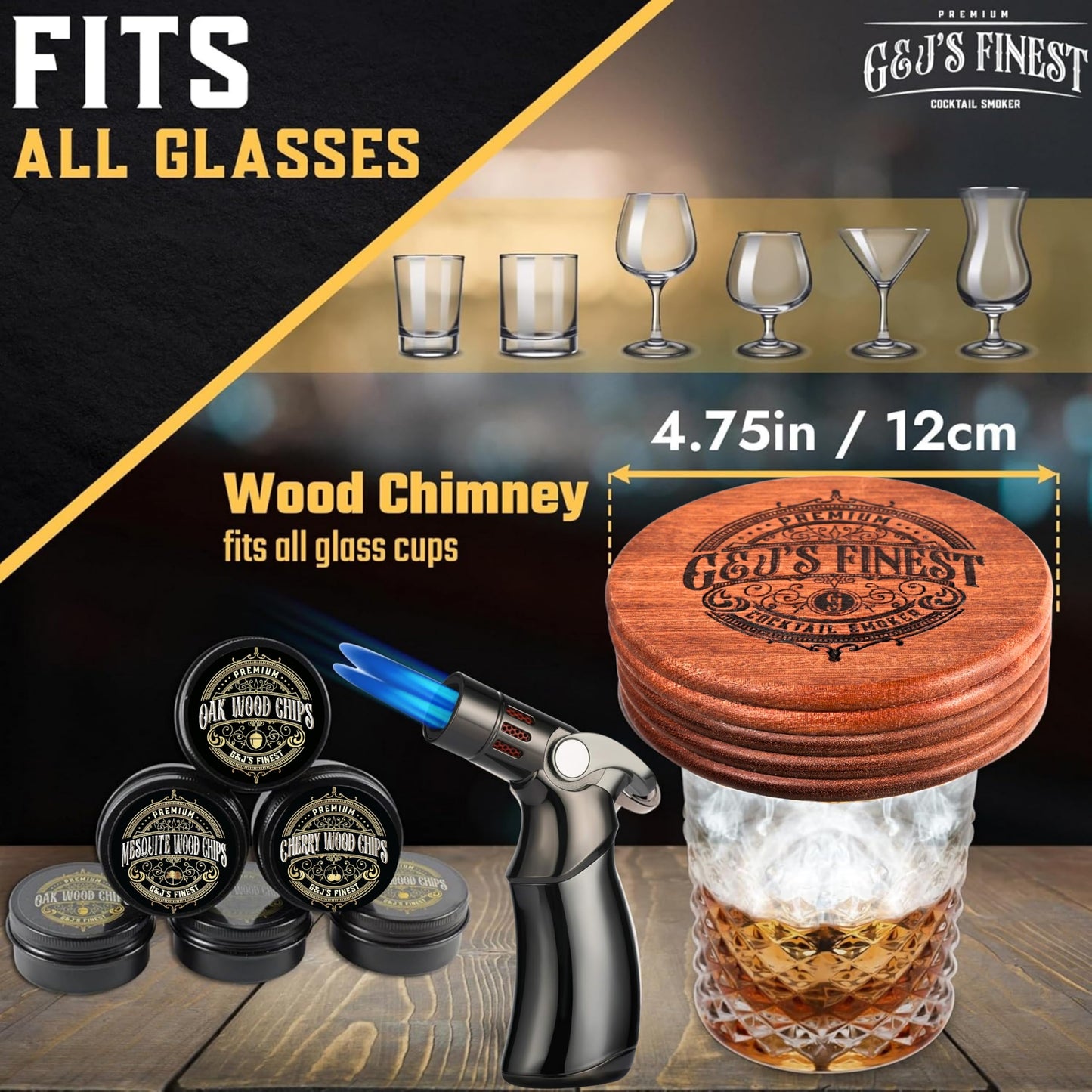 Whiskey Smoker Kit with QuadTorch, 6 Wood Chips, & Wood Box for Smoking Drinks| Cocktail Smoker Kit| Bourbon Smoker Kit| Old Fashioned Smoker Kit| Smoked Whisky Gift for Father's Day (No Butane Incl.)