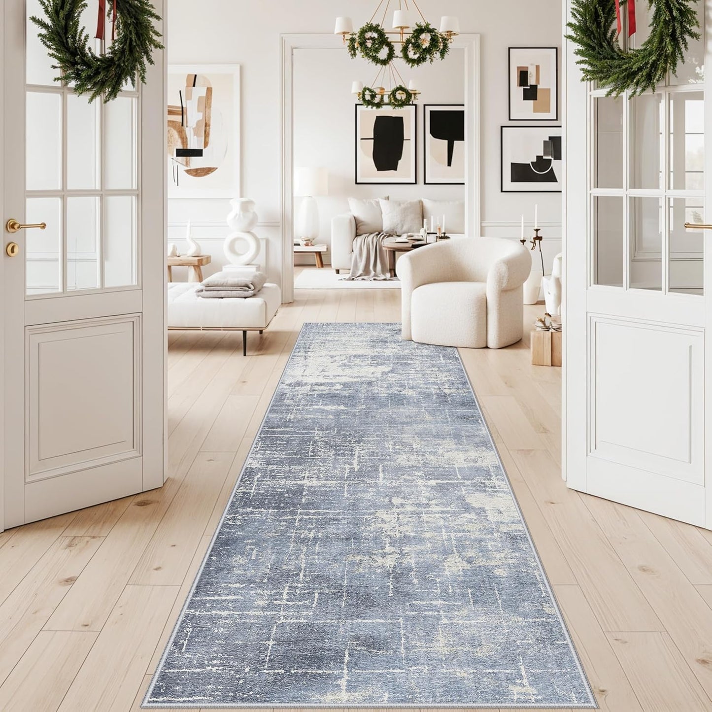 Skiennix Abstract 3x10 Kitchen Rug Runner - Washable Non-Slip Soft Indoor Carpet | Blue/Ivory for Living Room & Hallway