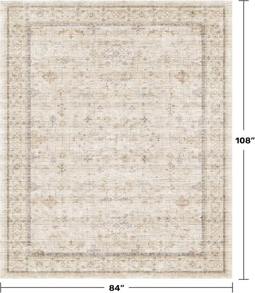 Beige Floral Washable Area Rug - 7x9 Non-Slip Carpet for Living Room, Dining Room & Bedroom Décor