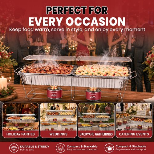 Disposable Chafing Dish Buffet Set, 33 Piece of Chafing Servers with Food Warmers, Covers, Half-Size Food Pans, Water Trays, Serving Utensils, Foil Lids and 4Hr Fuel Cans for Parties, Catering