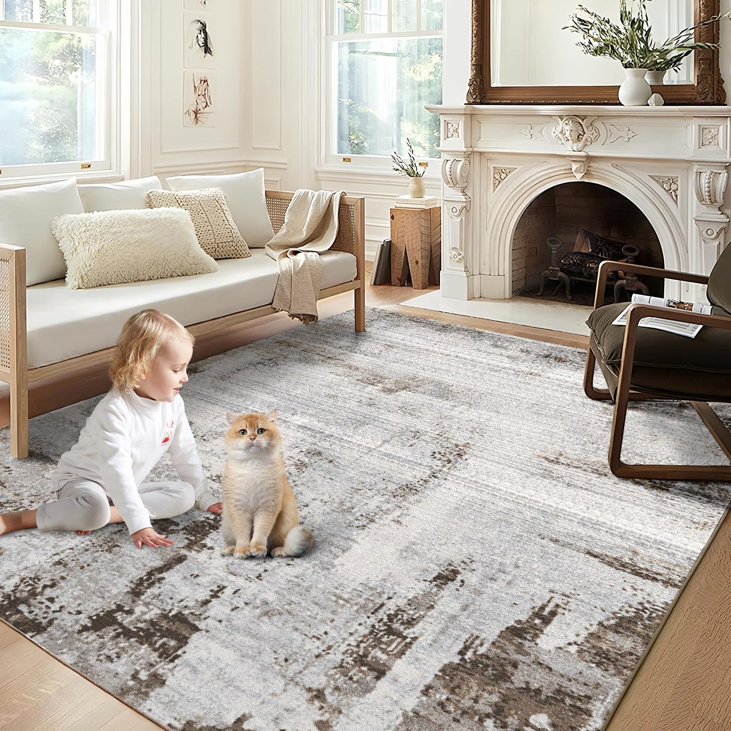 OMERAI Washable Rug 5'x7' Abstract Machine Washable Rugs Ultra-Thin Area Rugs for Living Room Non Slip Stain Resistant Modern Carpet for Bedroom Dining Room Office Kitchen Brown Rug Washable