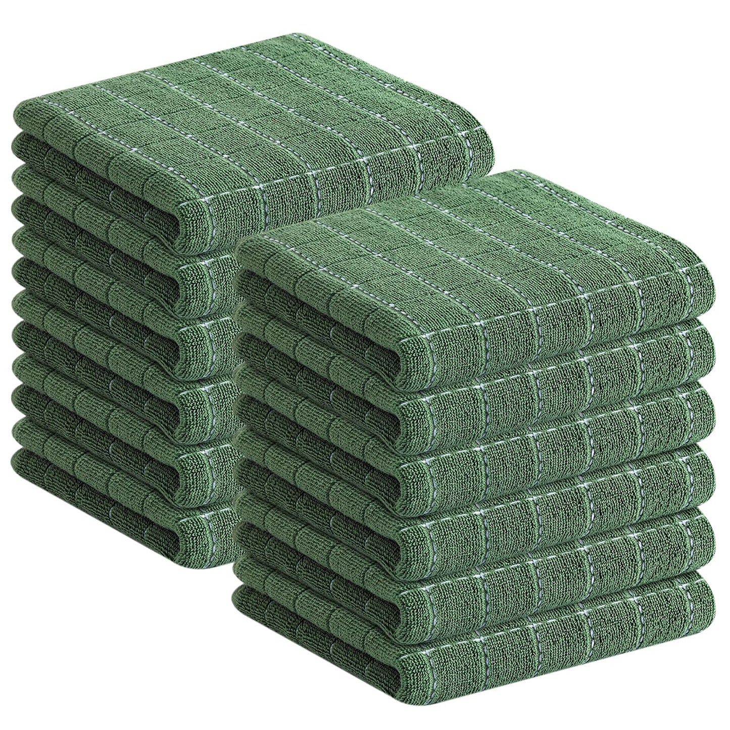 Homaxy 100% Cotton Terry Kitchen Towels(Grass Green, 13 x 28 inches), Checkered Designed, Soft and Super Absorbent Dish Towels, 12 Pack