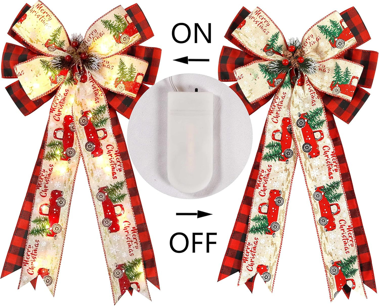 Skiennix Christmas Tree Topper Bow - 30 LED Lights & Rustic Buffalo Plaid Design | 13”x25” Red & Black Wreath Decor