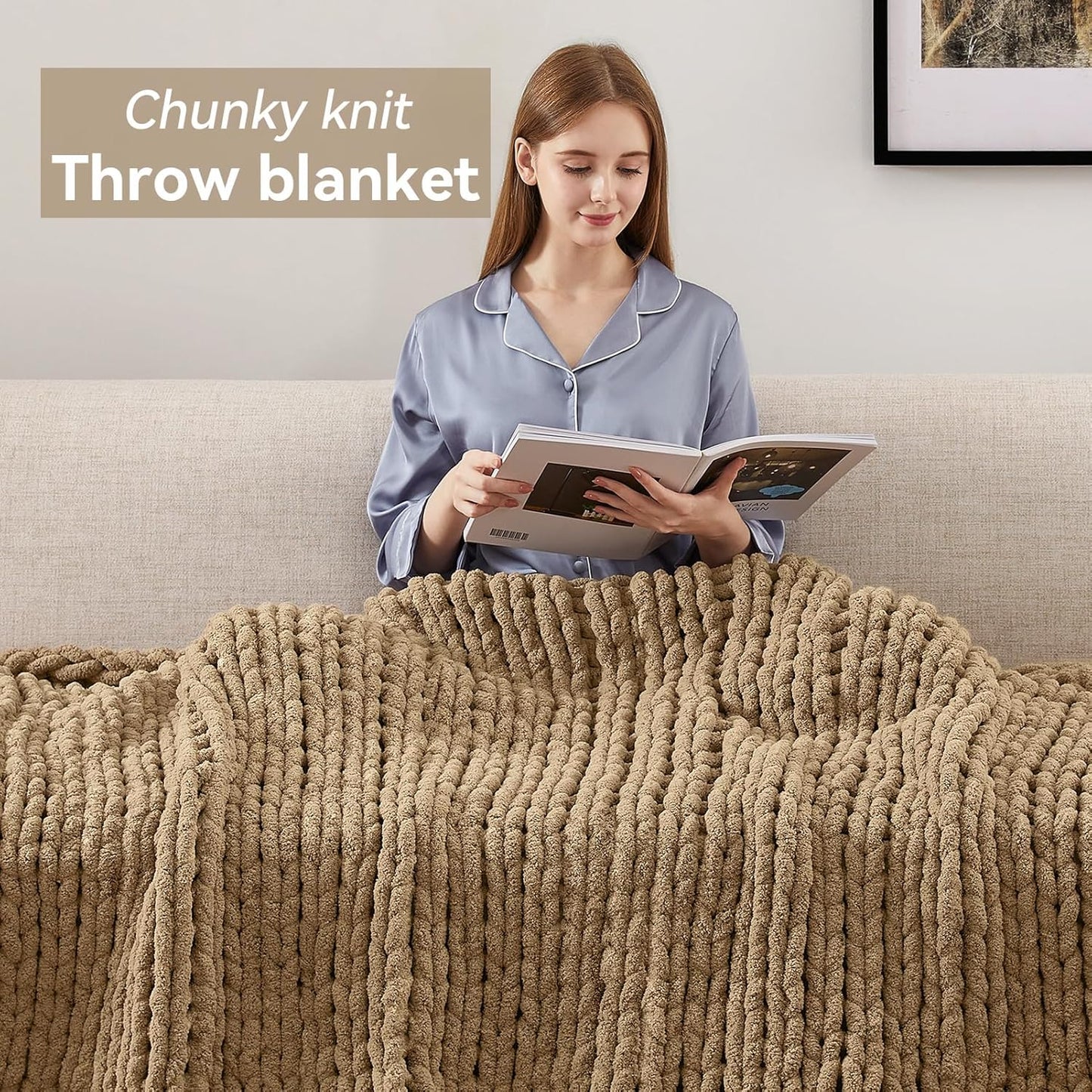 Negwoo Chunky Knit Throw Blanket - Handmade Light Brown Chenille Yarn | 40'' x 50'' Cozy Decor