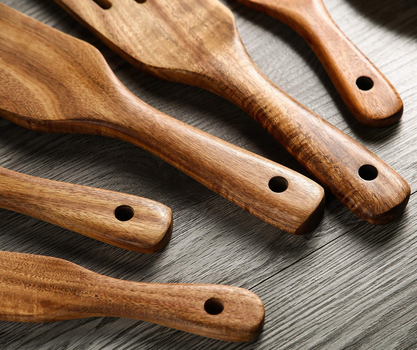 NAYAHOSE Wooden Spurtles Set with Holder, Natural Teak Kitchen Utensil Set of 6, Heat Resistant Non Stick Wood Cookware with Hanging Hole, Wood Spurtles Spatula Sets for Stirring, Mixing, Serving