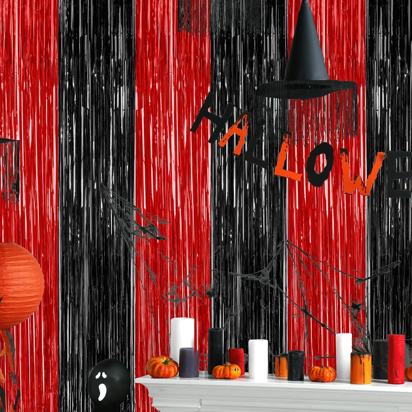 Regine Switzerland 4 Pack Halloween Wall Backdrop - Red & Black Metallic Tinsel Curtains | 3.28 FT x 7.05 FT