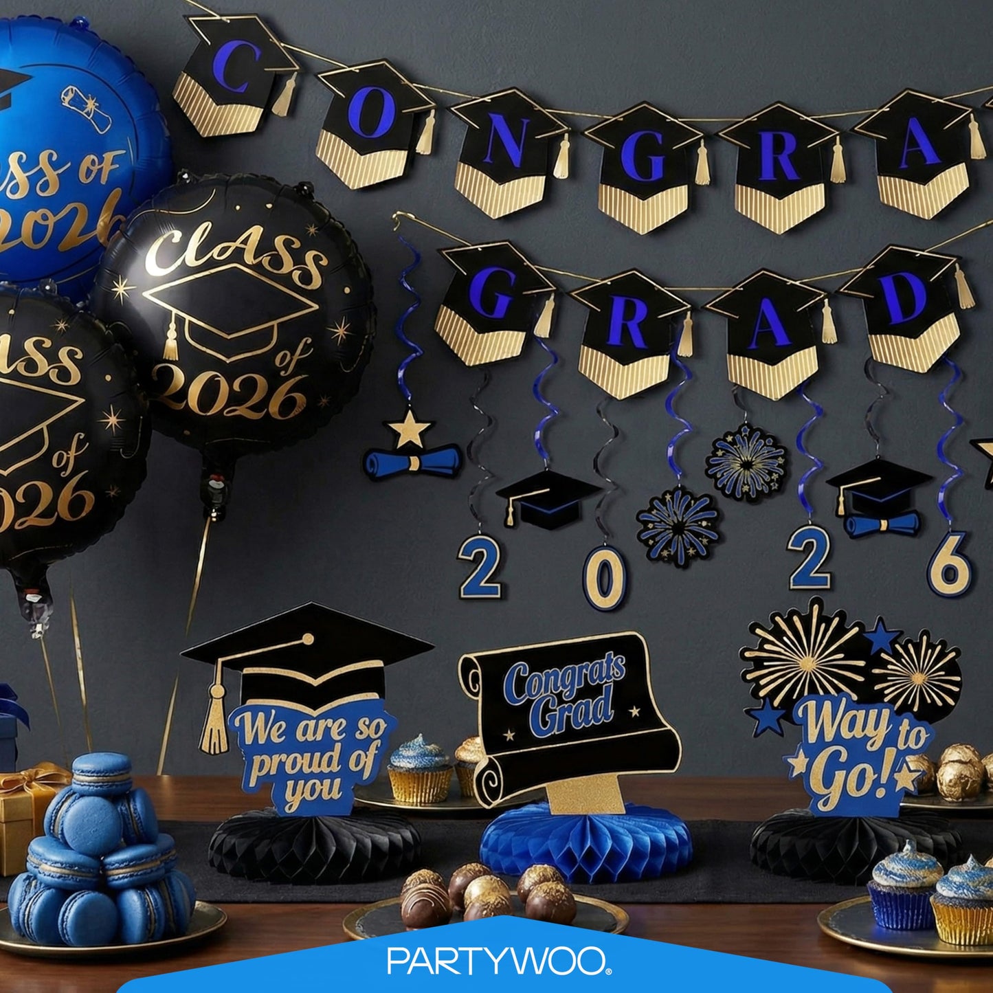 PartyWoo Graduation Decorations Class of 2026 Black Gold Blue 19pcs Grad Party Supplies with Congrats 2026 Grad Banner Hanging Swirls Foil Balloons Graduation Cap Centerpieces Party Decorations