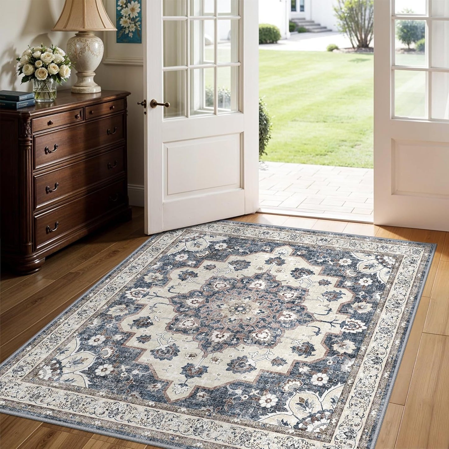 Regine Switzerland Washable 4x4 Square Area Rug - Ultra Thin, Soft, Non-Slip Carpet for Living Room & Bedroom | Stain Resistant, Cozy Blue Mat