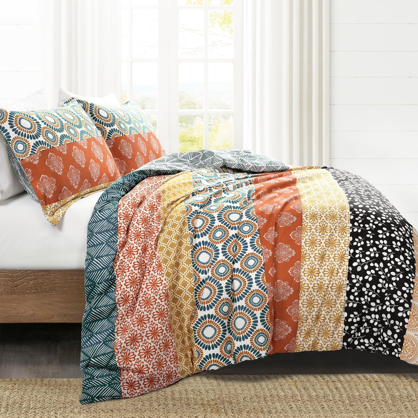 Lush Decor Bohemian Stripe Reversible Cotton Duvet Cover Set, 3 Piece Set, Full/ Queen, Turquoise & Orange - Striped Bedding Set - Queen Duvet Cover Full - Boho Decor