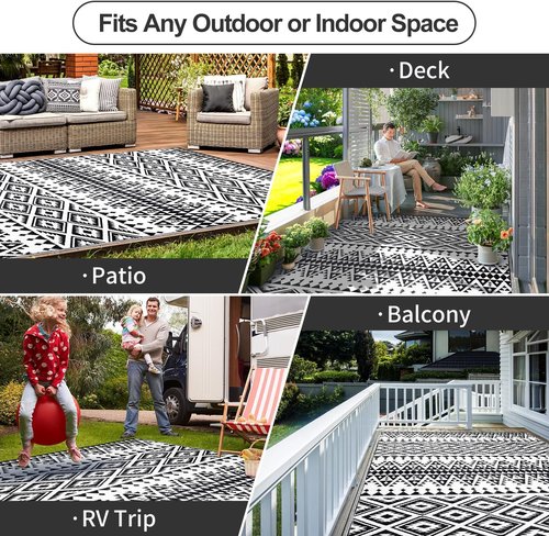 Bohemia Waterproof Outdoor Rug - Reversible Plastic Straw Mat for Patio & Camping | 5x8ft, Black & White