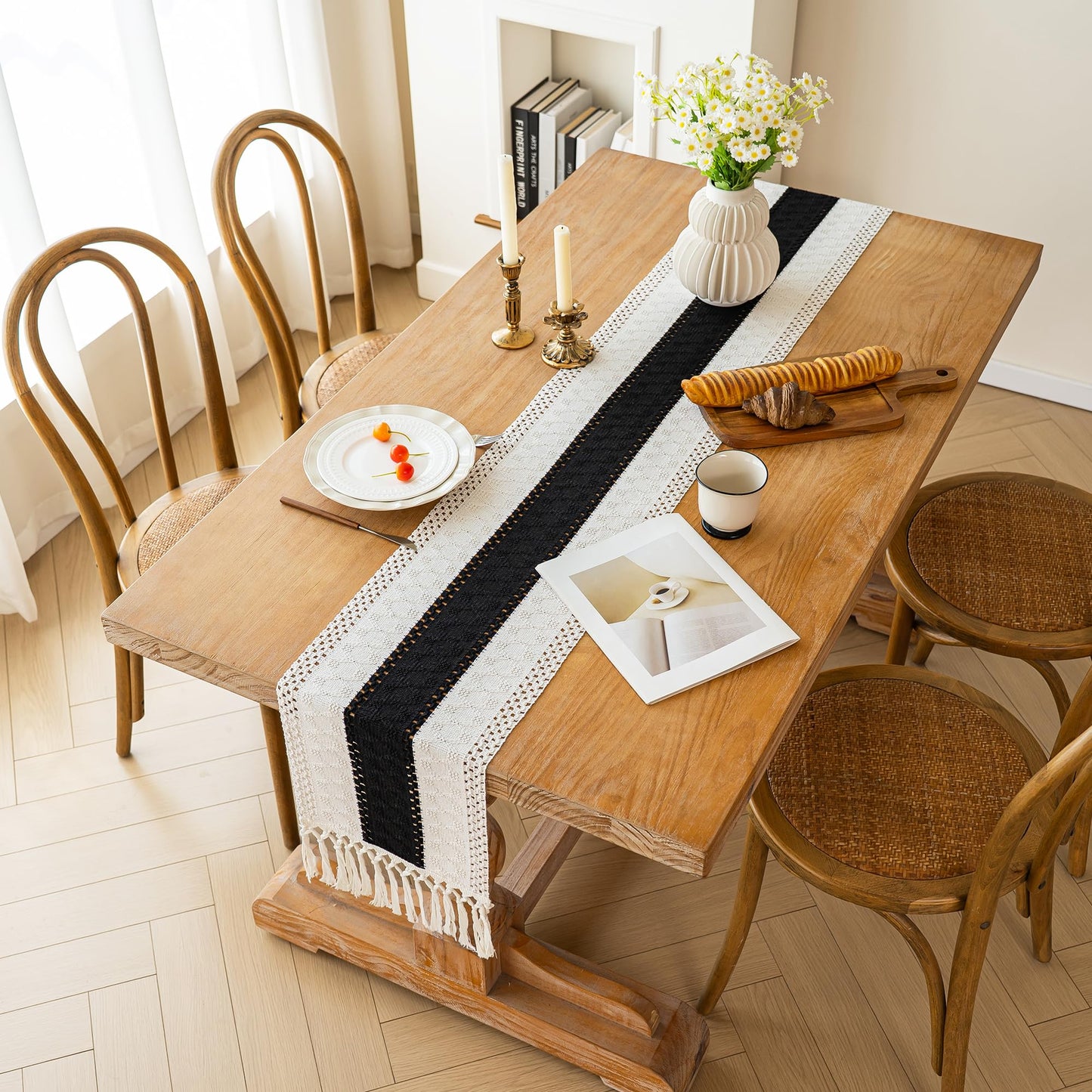 FEXIA Boho Table Runner for Home Decor with Tassels 36 Inches Long,Black Farmhouse Rustic Table Runner Macrame Burlap Table Decoration for Living Room Bridal Shower(12x36 Inches)