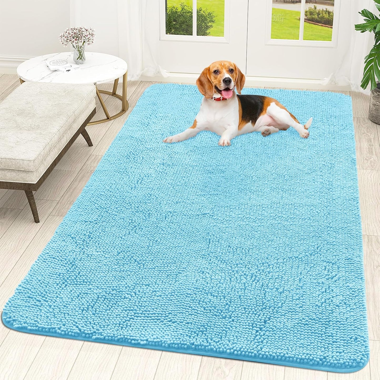 OLANLY Dog Door Mat - Absorbent Non-Slip Washable Chenille Mat for Muddy Paws | 59x35 Inches, Blue