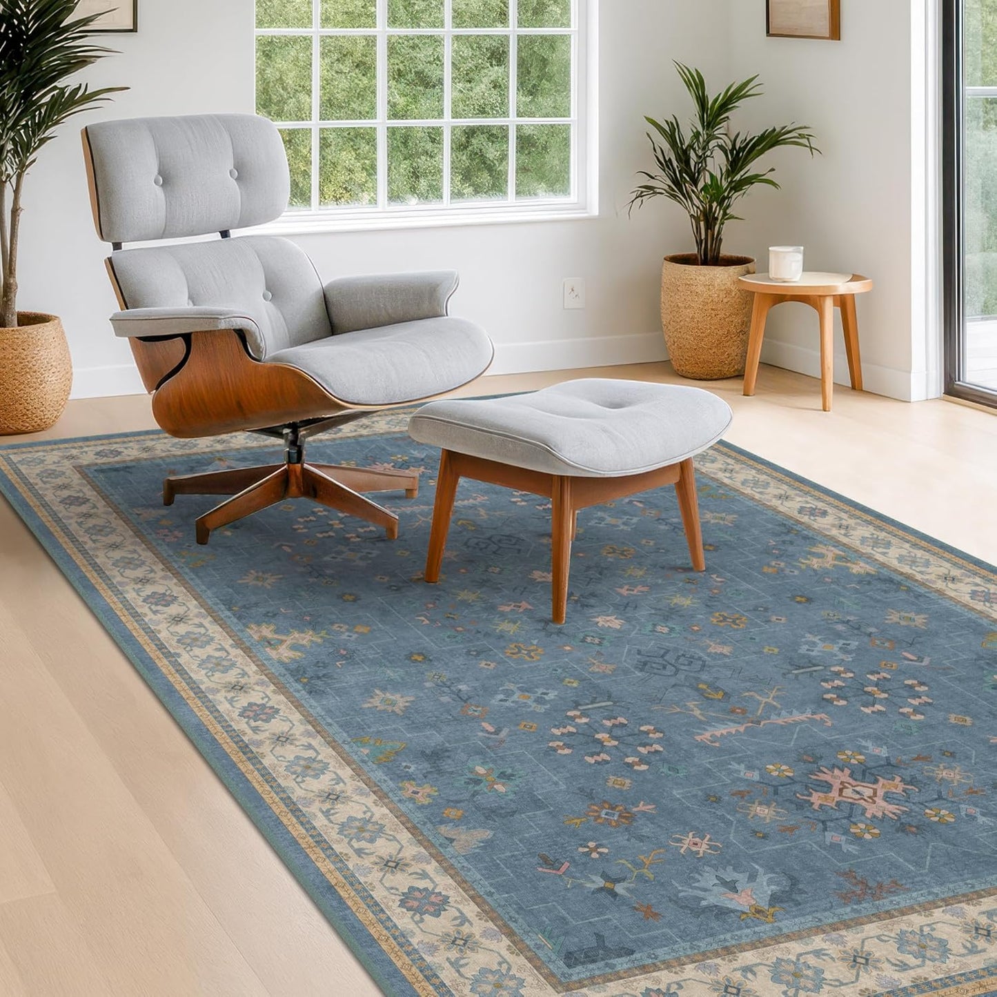Skiennix Washable 4x6 Area Rug - Stain Resistant Non-Slip Rubber Backing | Unique Floral Design in Light Blue & Aqua