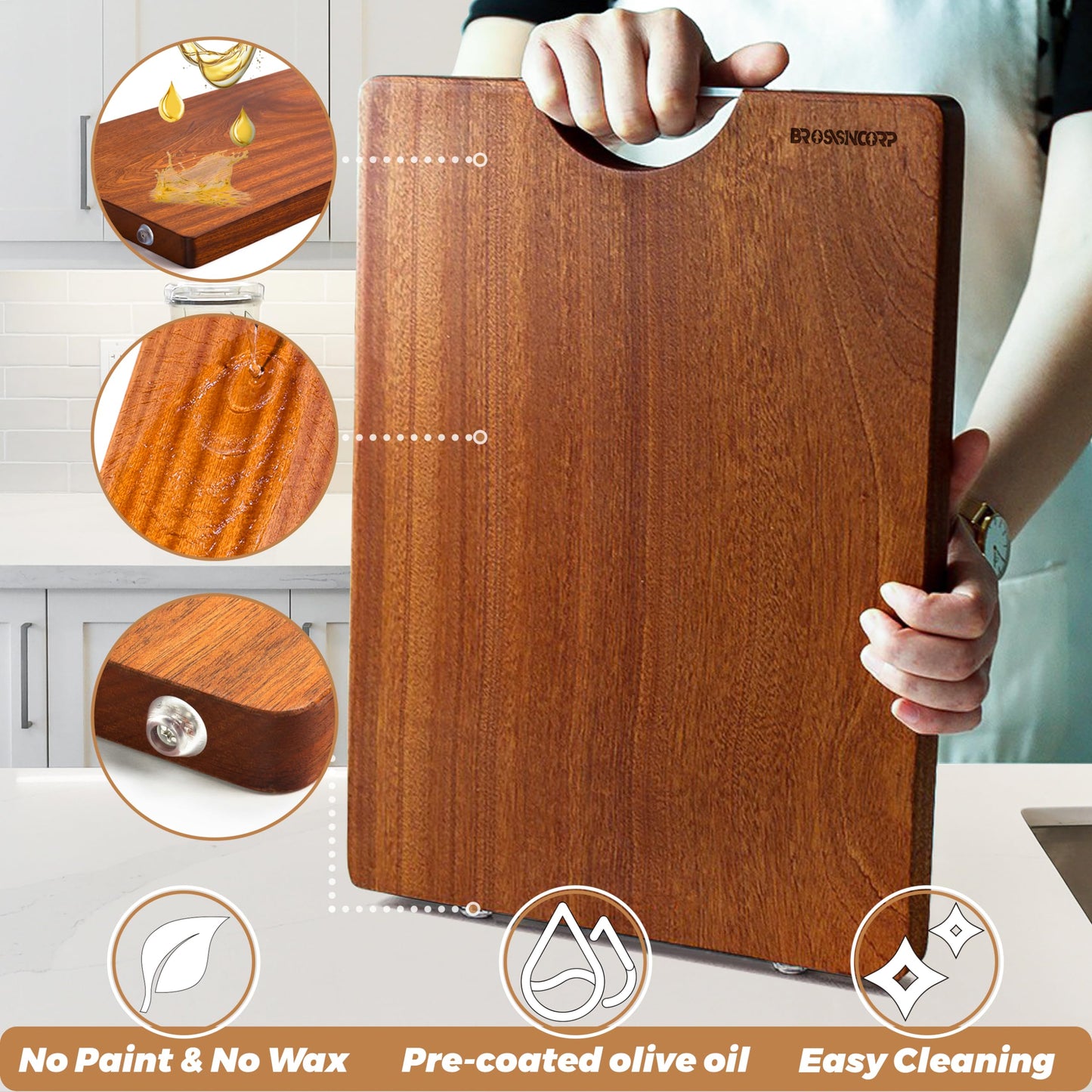 Brosisincorp Real Solid Sapele Cutting Board One Piece No Glue Non Toxic All Whole Single Wood Butcher Block Thick Hard Wood Heavy Duty Edge Grain (X-Large, 17.71"L*11.81"W*1.18"Th)