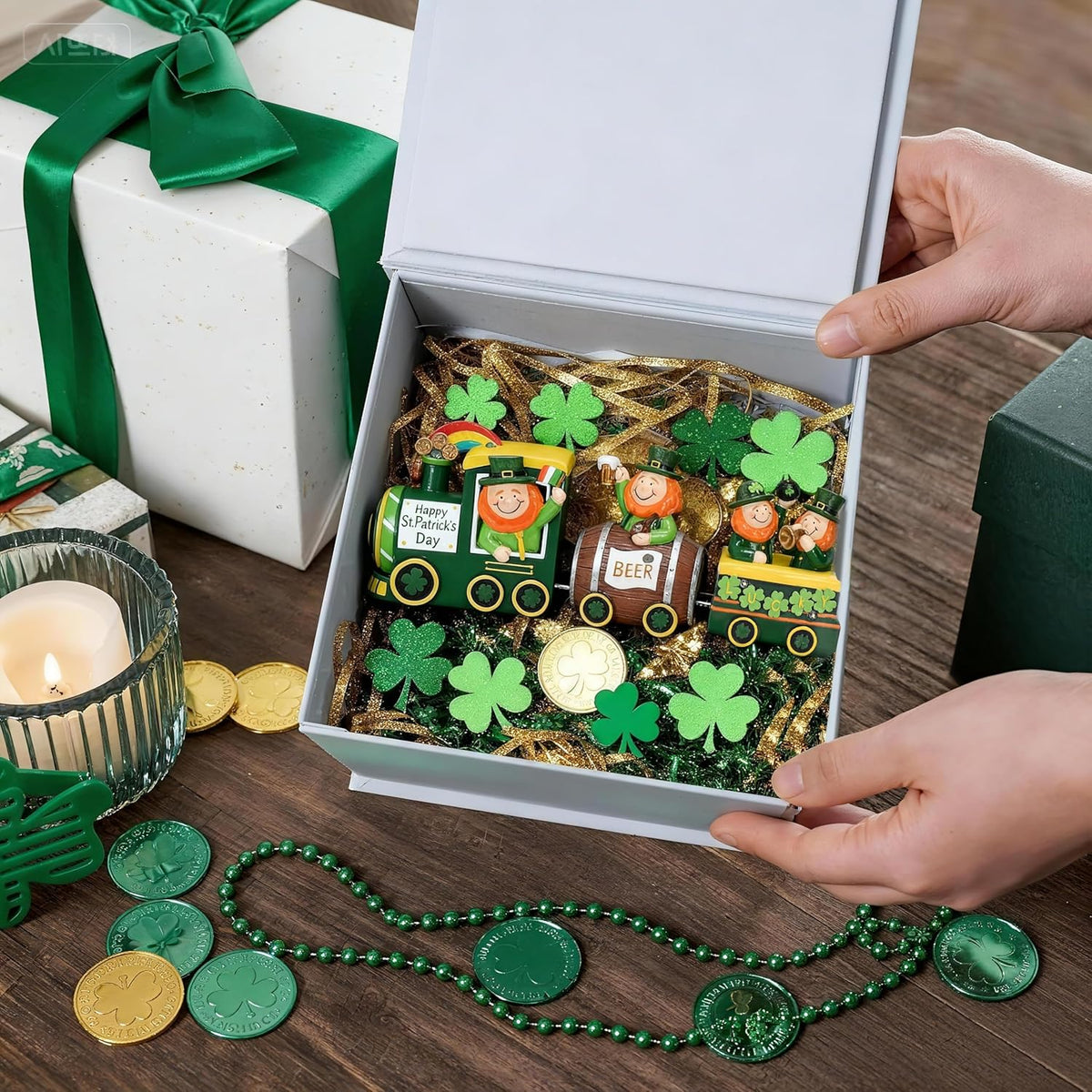 Valery Madelyn St. Patrick's Day Decorations - Lighted LED Train & Leprechaun with Shamrock Pot of Gold | Festive Table Centerpiece