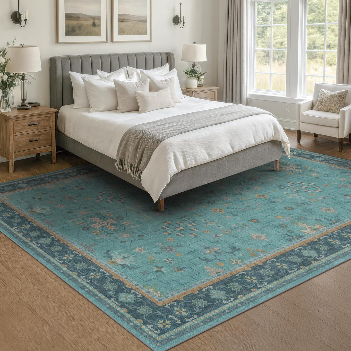 Skiennix 5x7 Teal Rug - Boho Turquoise Low-Pile Carpet for Living Room | Washable Non-Slip Design