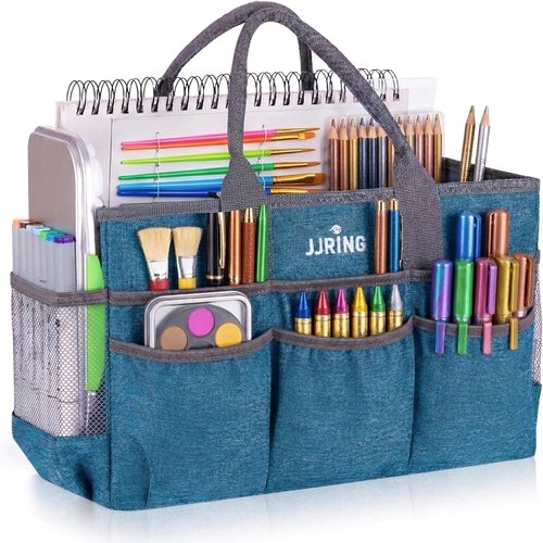 JJRING Large Art Supply Tote Bag - Sturdy Craft Organizer with 2 Mesh Pockets & Elastic Front | Green, Foldable Design