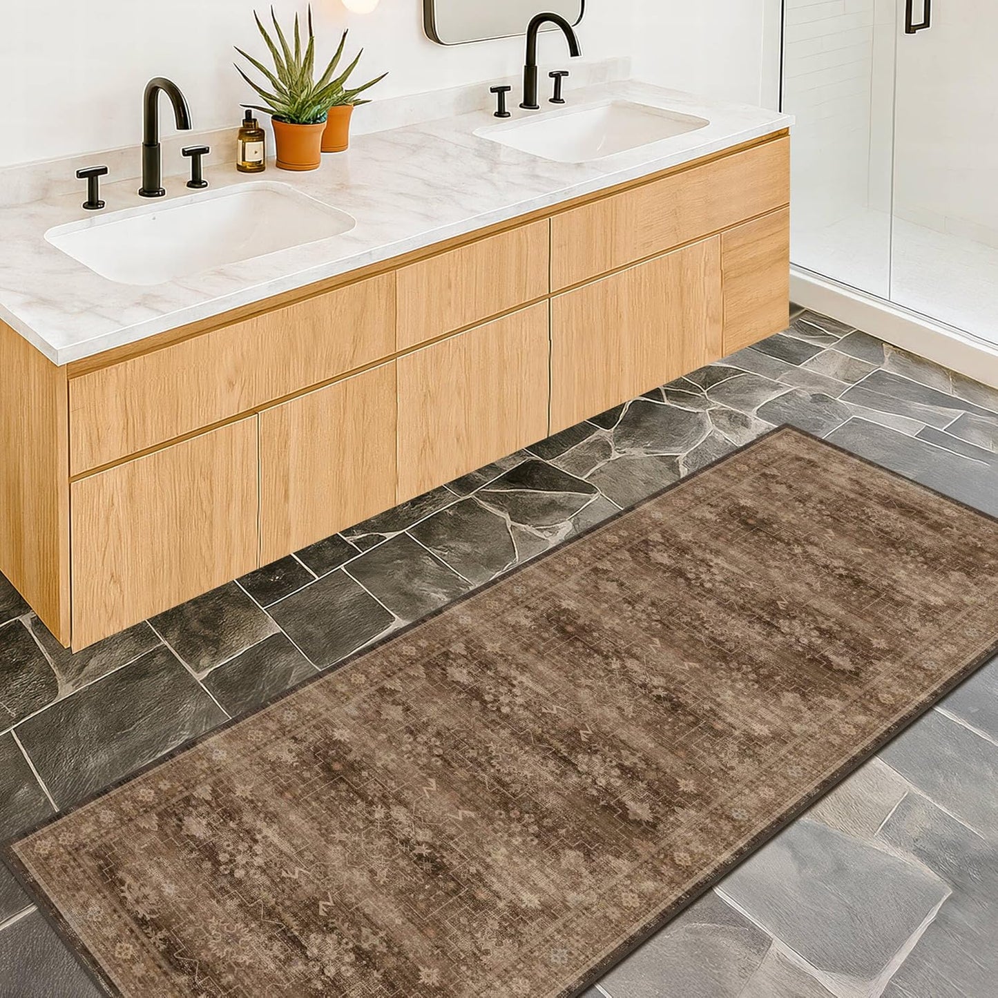 Skiennix Brown Boho Washable Runner Rug - Non-Slip, Stain Resistant, Soft Faux Wool | 2x6 ft for Hallway, Kitchen, Bedroom