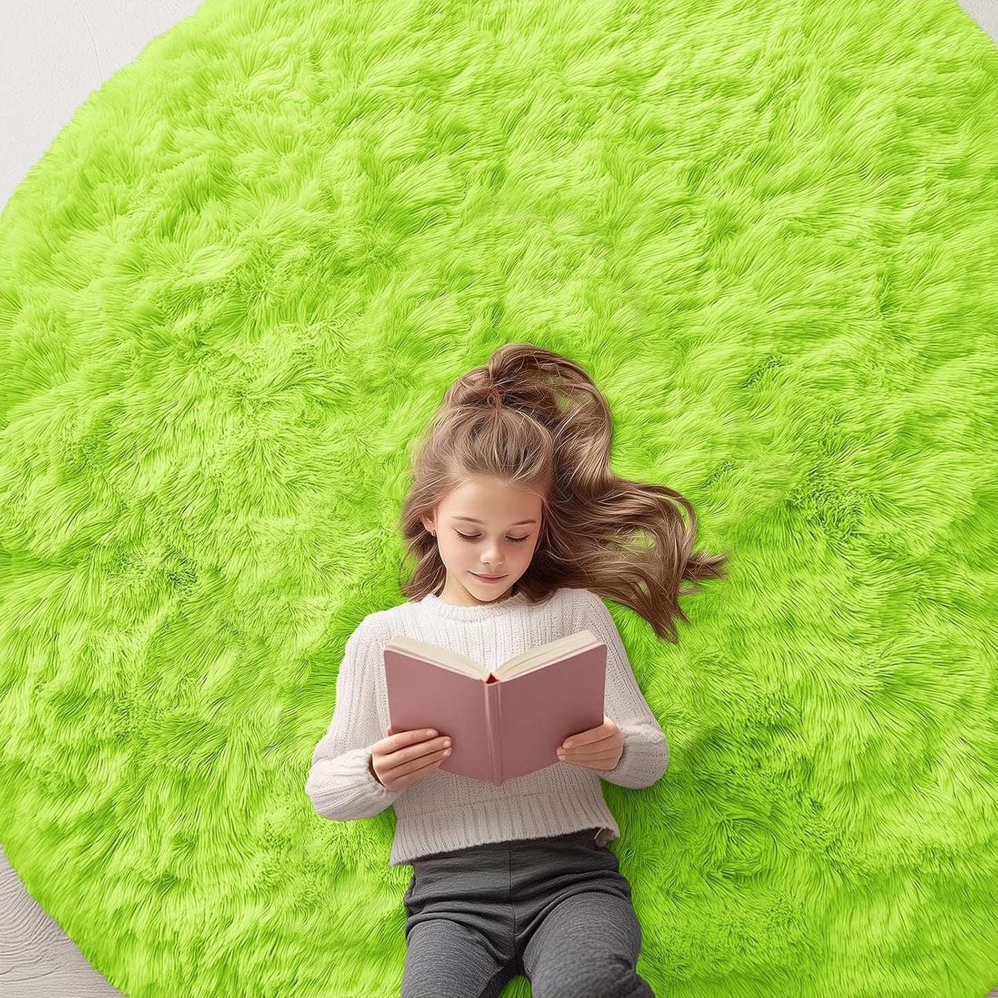 OLANLY Round Lime Green Area Rug - Soft, Fluffy, Machine Washable 6 ft Carpet for Bedroom & Living Room Decor