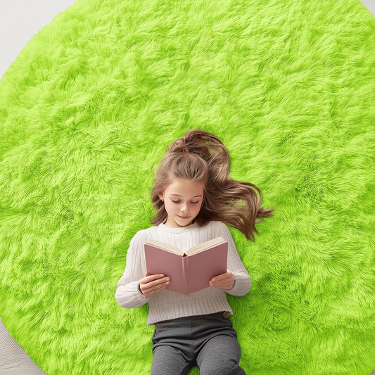 OLANLY Round Lime Green Area Rug - Soft, Fluffy, Machine Washable 6 ft Carpet for Bedroom & Living Room Decor