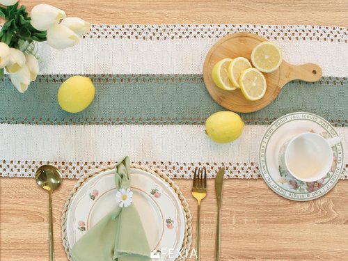 FEXIA Sage Green Table Runner 48 Inches Long with Tassels Boho Macrame Farmhouse Table Runners for Home Decor Party Bohemian Rustic Bridal Shower Dining Decorations (12x48 Inches)