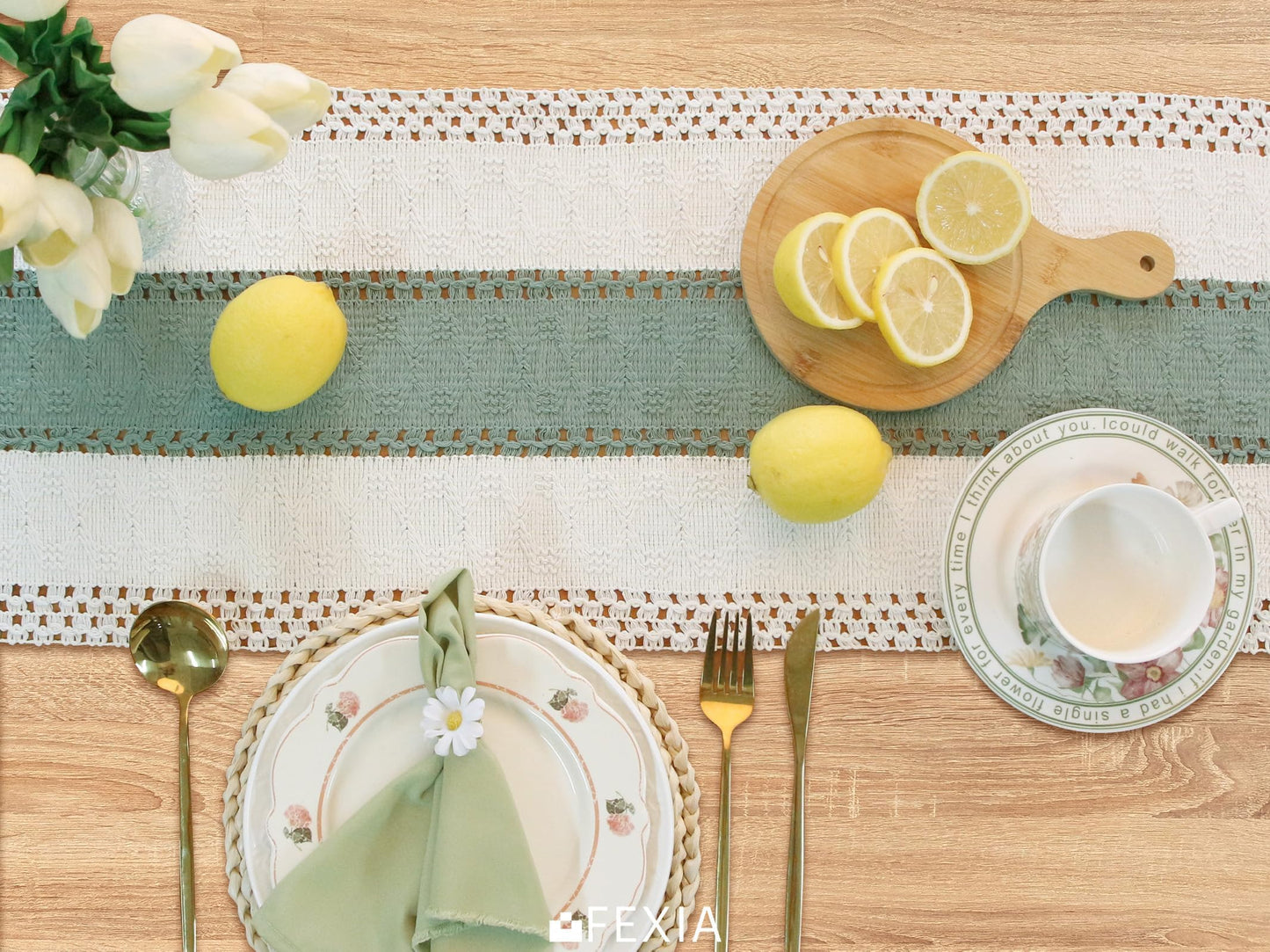 FEXIA Sage Green Table Runner 36 Inches Long with Tassels Boho Macrame Farmhouse Table Runners for Home Decor Party Bohemian Rustic Bridal Shower Dining Decorations(12x36 Inches)