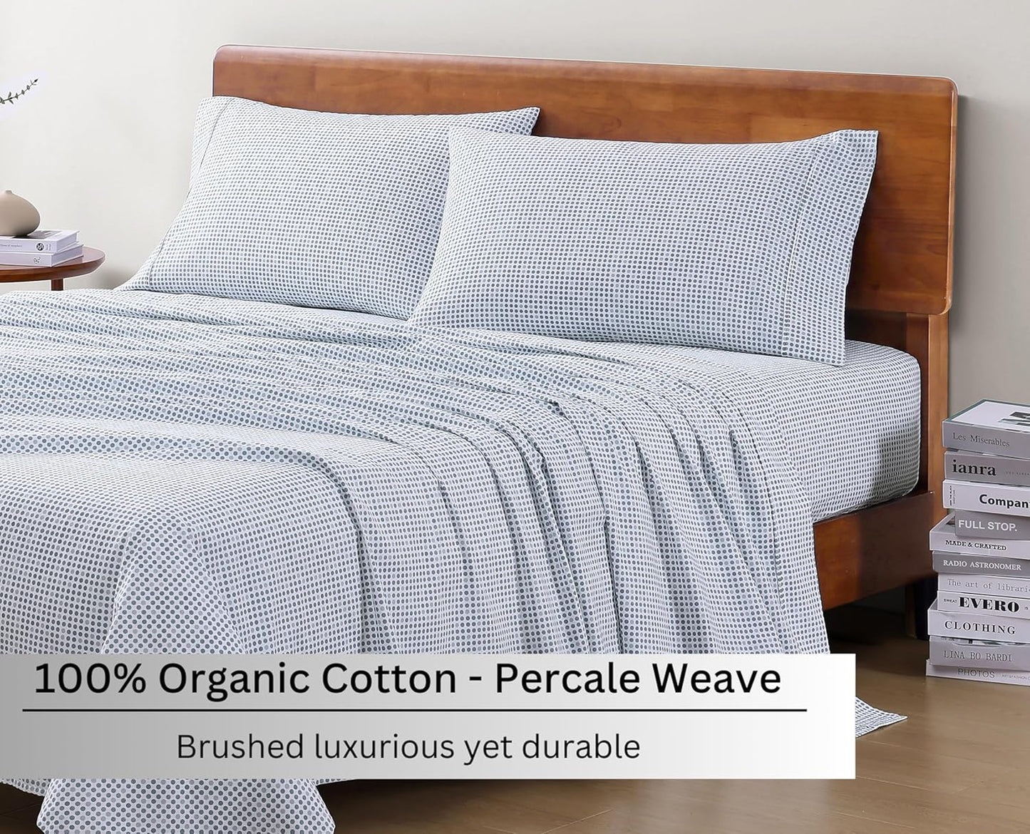 Lane Linen 100% Organic Cotton Twin XL Sheets - Fade Resistant, Temperature Regulating, Polka Dot Blue