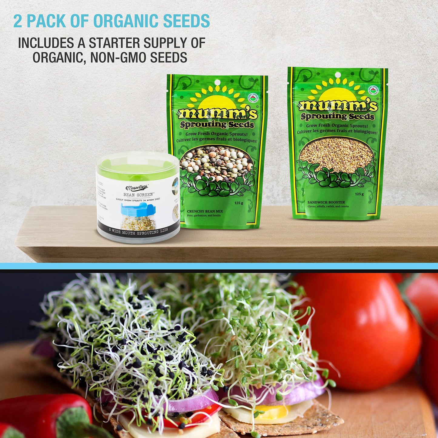 Masontops Bean Screen Sprouts Growing Kit - Sprouting Lids & Sprout Mixes Microgreens Growing Kit - Sprouting Kit Wide Mouth Mason Jar Strainer Lid