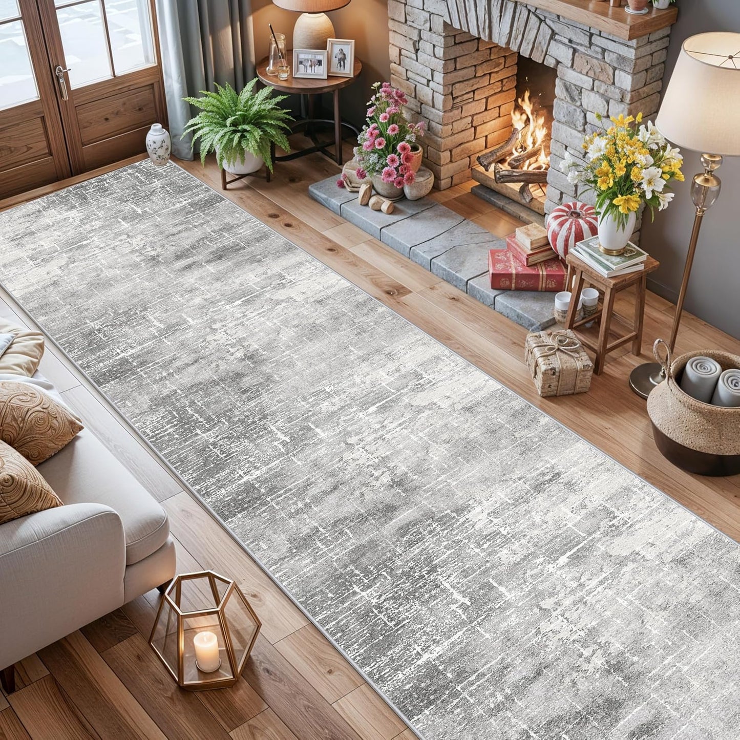 Skiennix Abstract Kitchen Area Rug - Washable Non-Slip Long Hallway Mat | Soft Stain-Resistant 2'6"x14" in Light Grey