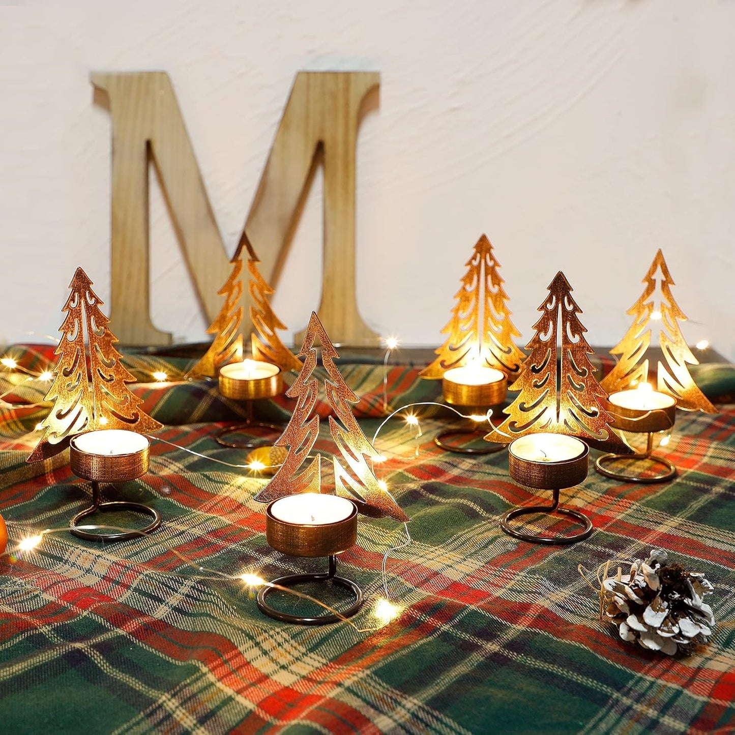 Juegoal Tea Light Candle Holders Set of 6 - Rust-Proof Metal Xmas Tree Centerpieces for Holiday Decor