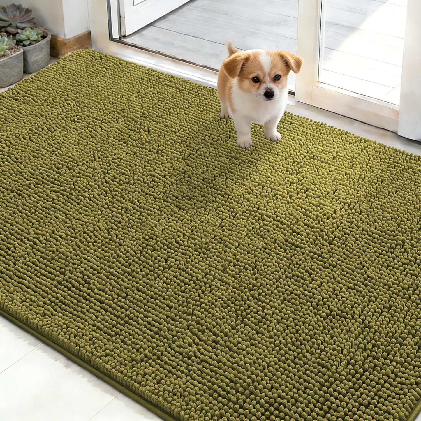 OLANLY Dog Door Mat - Absorbent Non-Slip Washable Doormat for Muddy Paws | 48x30, Quick Dry Chenille, Willow Green
