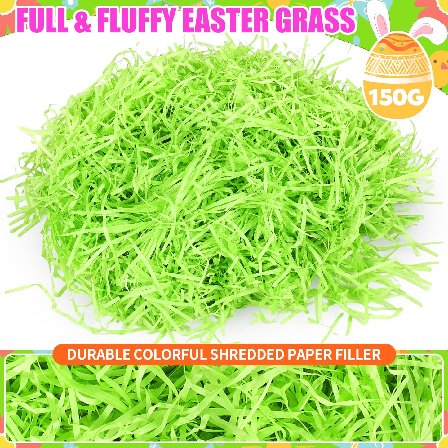Seifar 5.3oz/150g Green Easter Grass Basket Filler, Recyclable Shred Paper Shred Fillers Easter Basket Grass for Easter Gift Basket Gift Wrapping Party Decorations