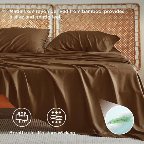 Bedsure Cooling California King Sheet Set - Breathable Rayon from Bamboo, Soft & Luxurious, Deep Pocket Up to 16 Inches, Brown