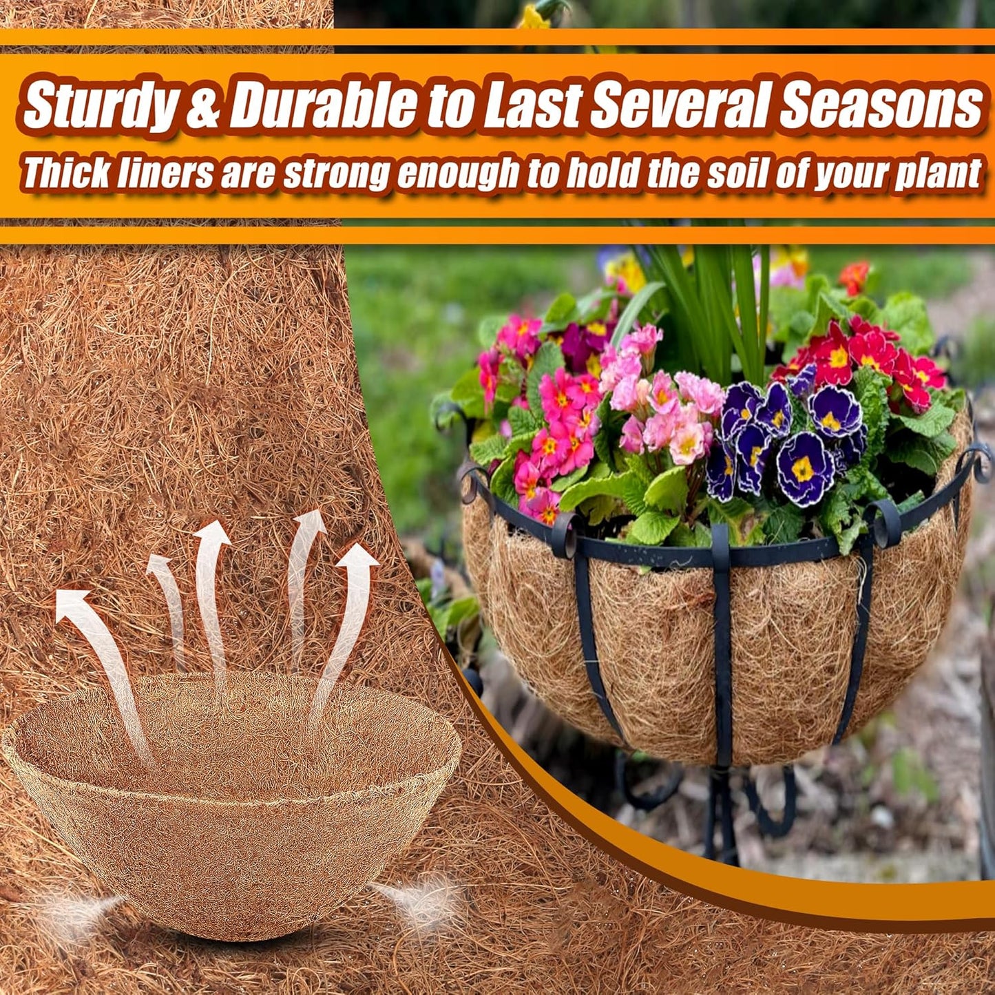 Sinimaka Coco Liners - 12 Inch Round Hanging Basket Liners | 6 Pack Coconut Fiber for Garden Flowers