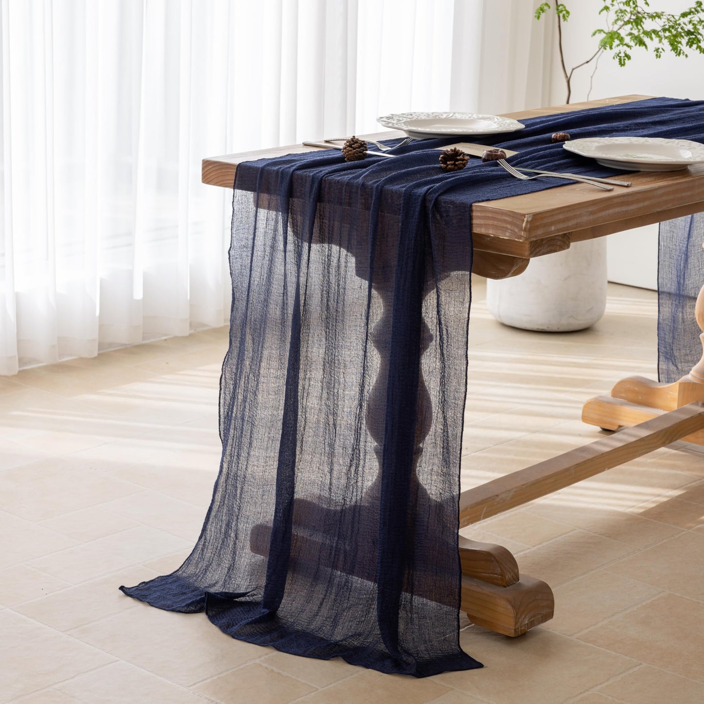 Keketoarrange 3pcs Navy Gauze Rustic Cheesecloth Table Runner 120 Inch 10 FT for Wedding Baby Shower Bridal Shower Birthday Engagement Garden Outdoor Party Long Sheer Boho Decorations