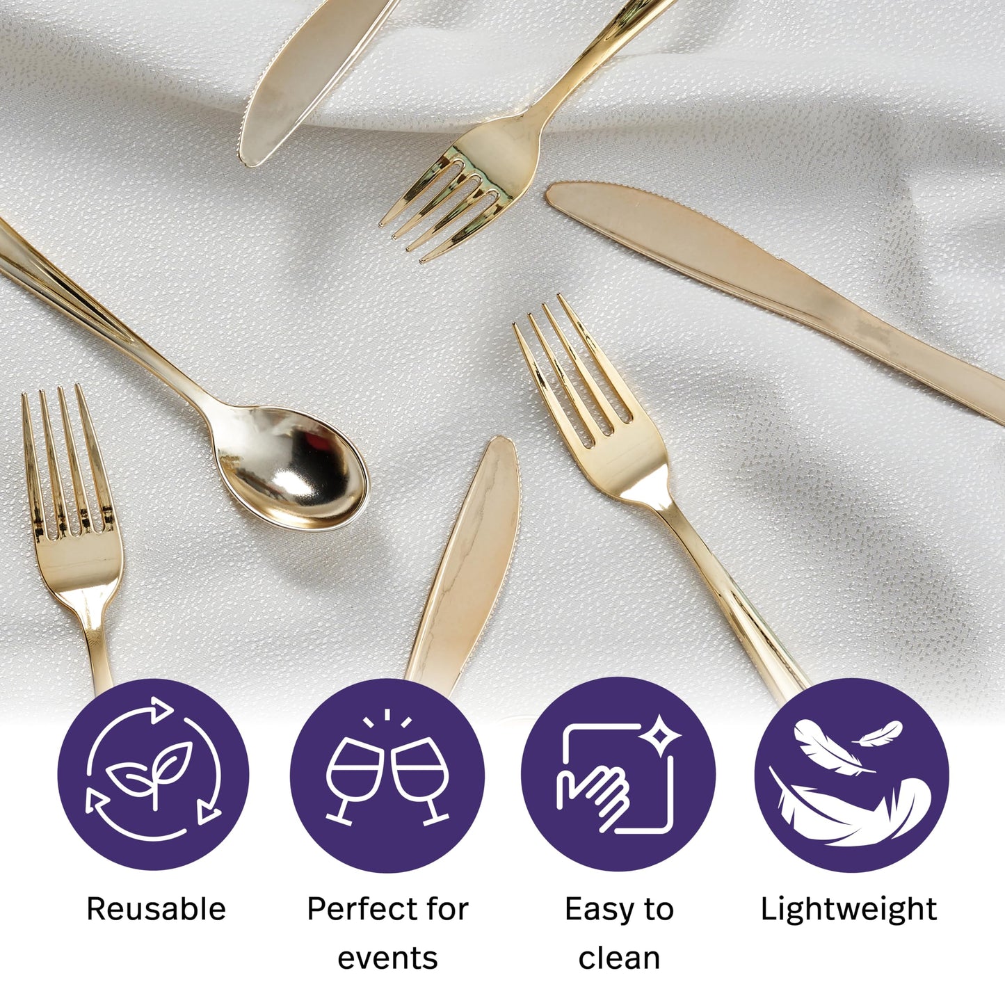 MATANA - 180 Gold Plastic Silverware Set (60 Knives 60 Forks 60 Spoons) Bulk Reusable Gold Plastic Cutlery Utensils for Party, Wedding, Dinner, Heavy Duty