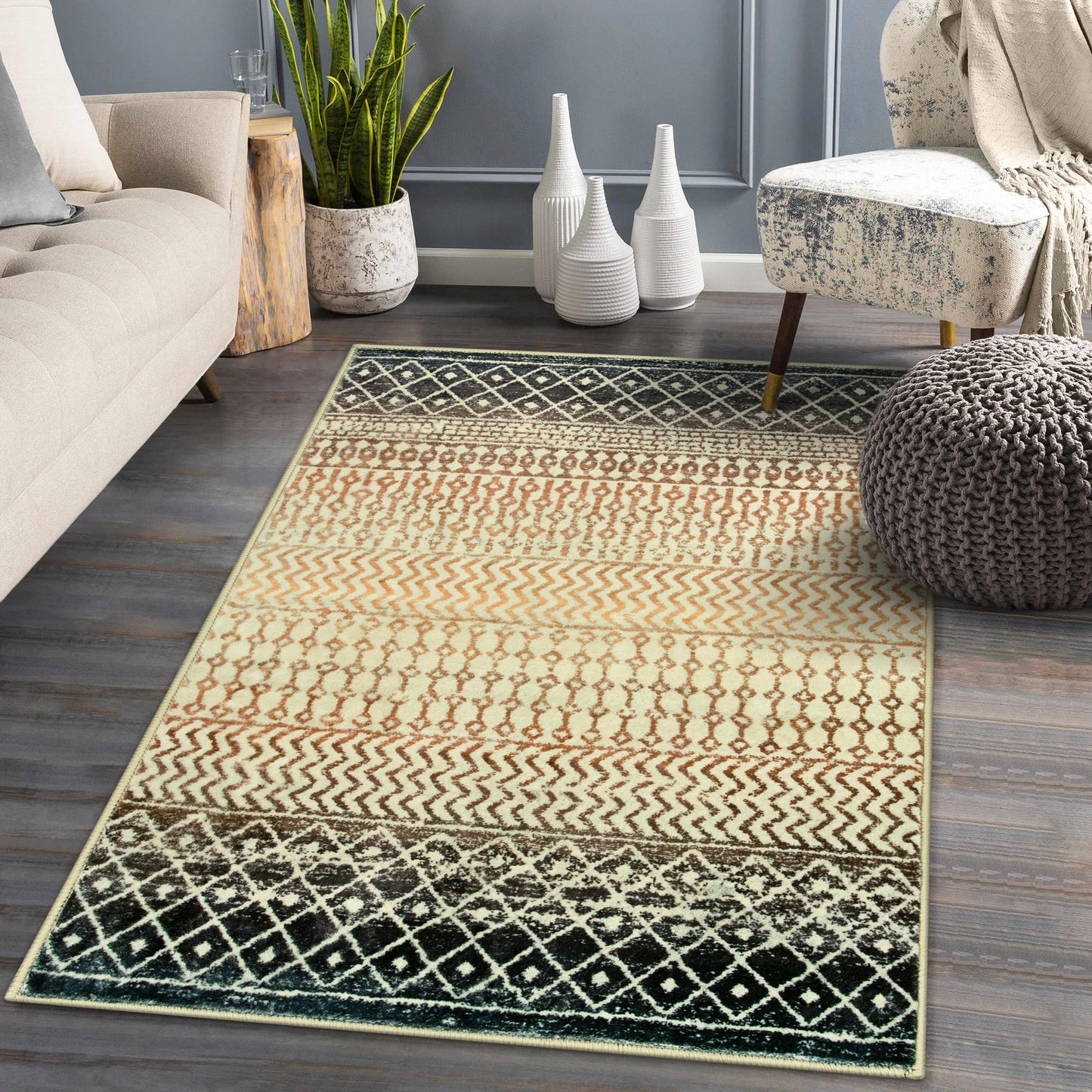 Nailttos Boho Rugs for Living Room, 4x6 Soft Non Slip Area Rug for Bedroom, Low-Pile Machine Washable Rug Indoor Floor Carpet for Kitchen Dorm Office Dining Room