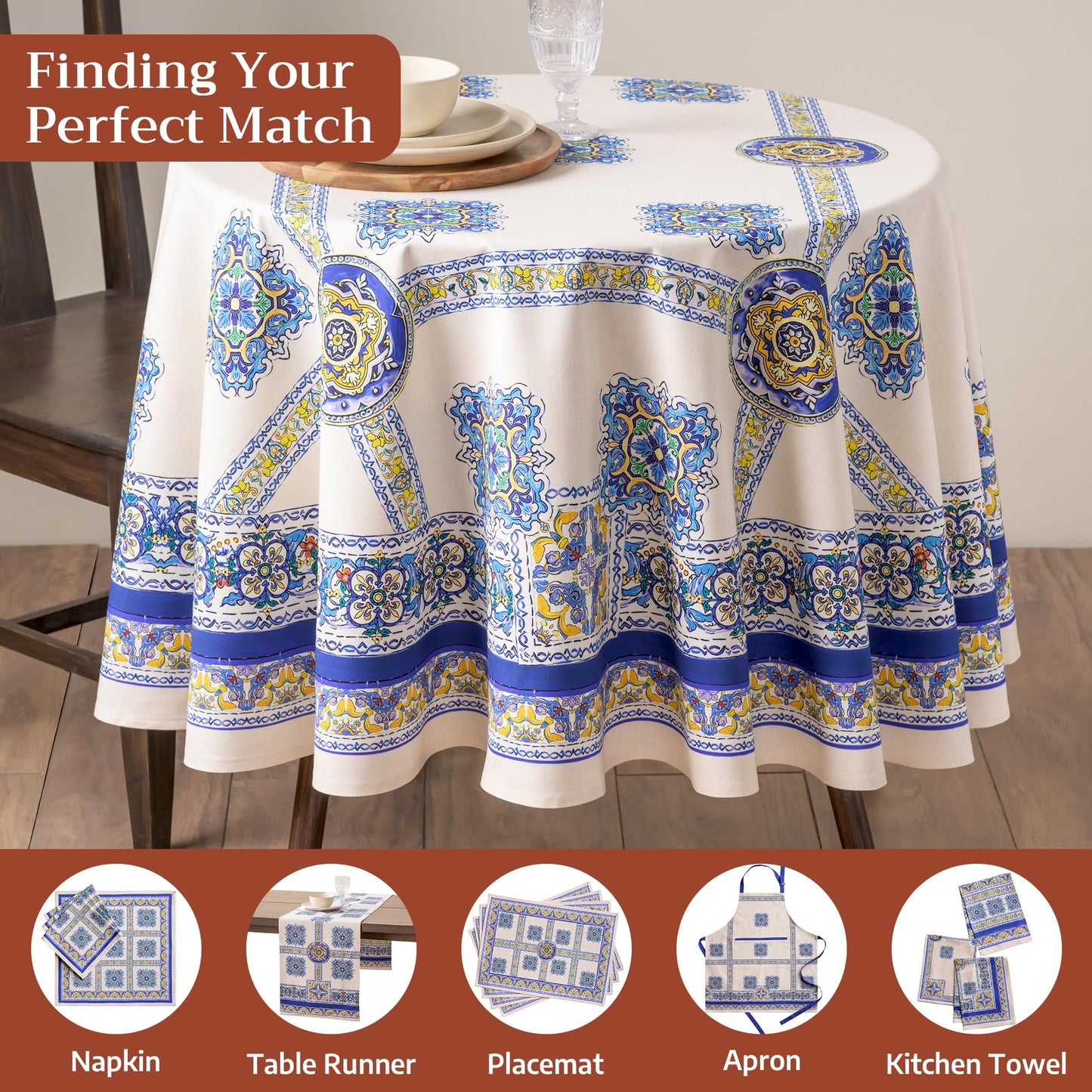 Maison d'Hermine Premium Table Cloth Round Table 100% Cotton 70 Inches Tablecloth Reusable Decorative Everyday Use for Dining Room, Farmhouse, Home, Party, Festive & Wedding - Sciacca