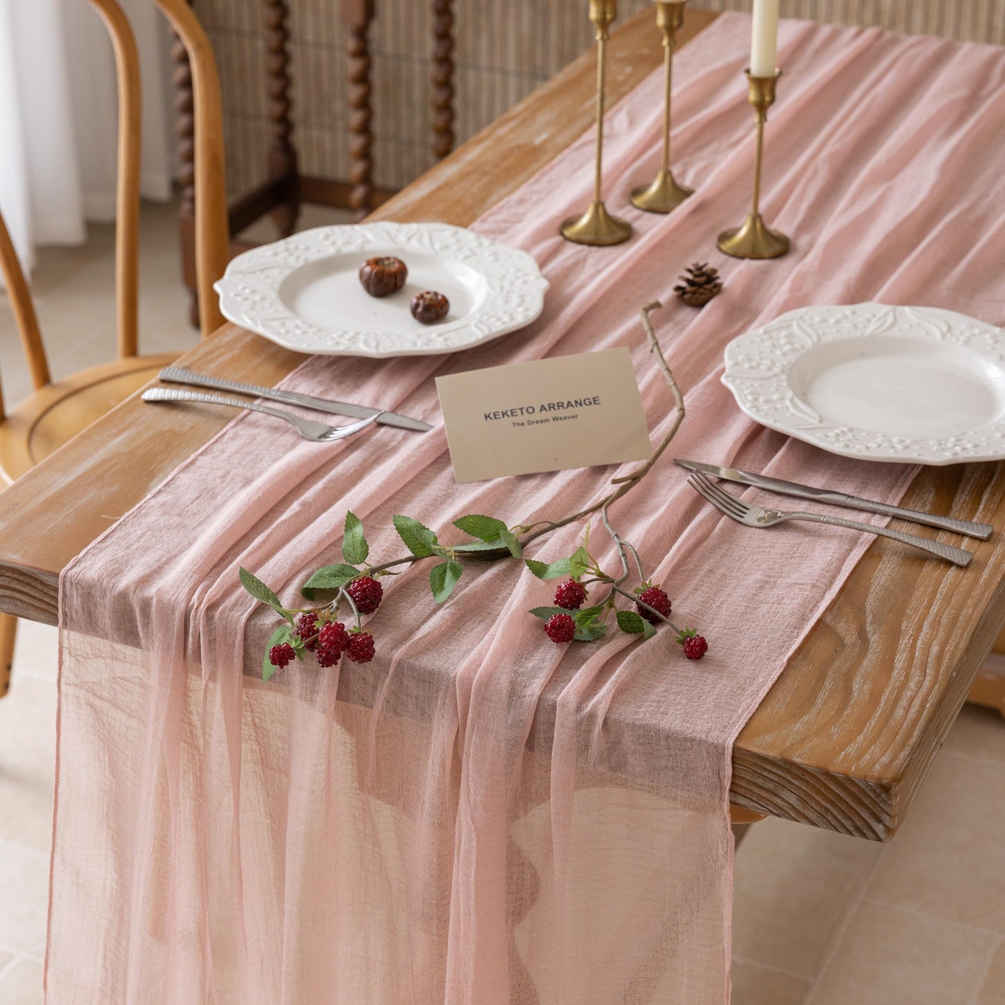 Keketoarrange 3pcs Dusty Pink Gauze Rustic Cheesecloth Table Runner 120 Inch 10 FT for Wedding Baby Shower Bridal Shower Birthday Engagement Garden Outdoor Party Long Sheer Boho Decorations