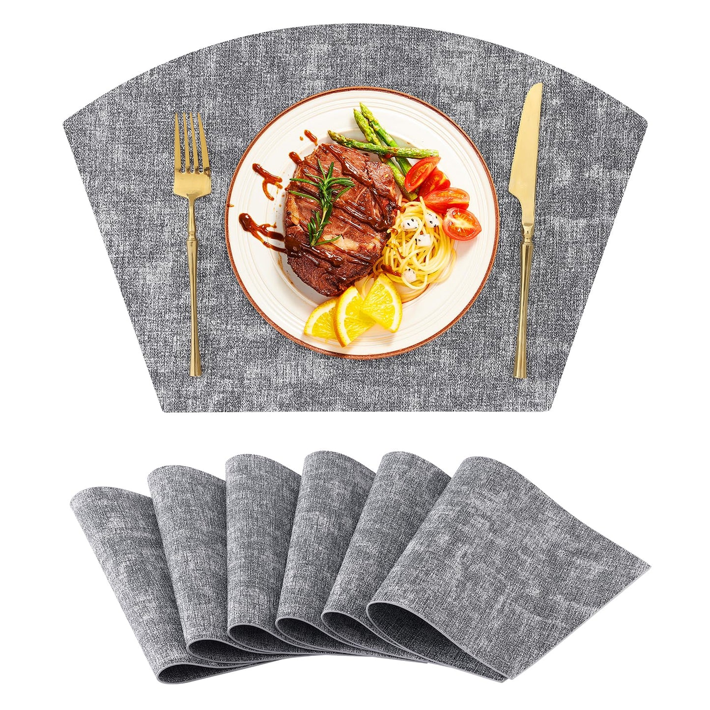 Homaxy Round Table Placemats Set of 6, Washable Wedge Shaped Faux Leather Table Mats, Wipeable Kitchen Dinner Place Mats for Indoor Outdoor, Black & White