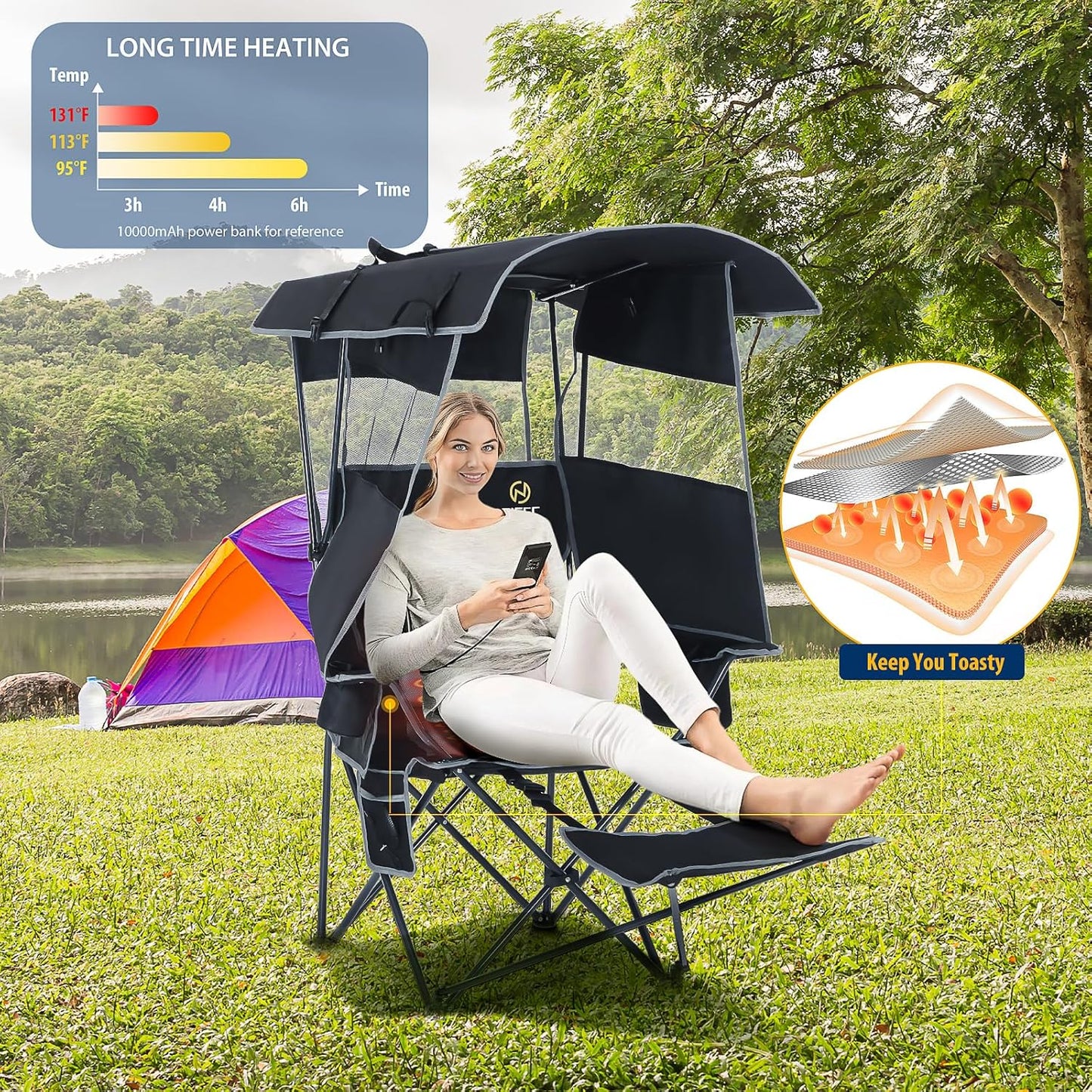 Nice C Heated Camping Chair with Canopy - Outdoor Folding Chair with Removable Footrest