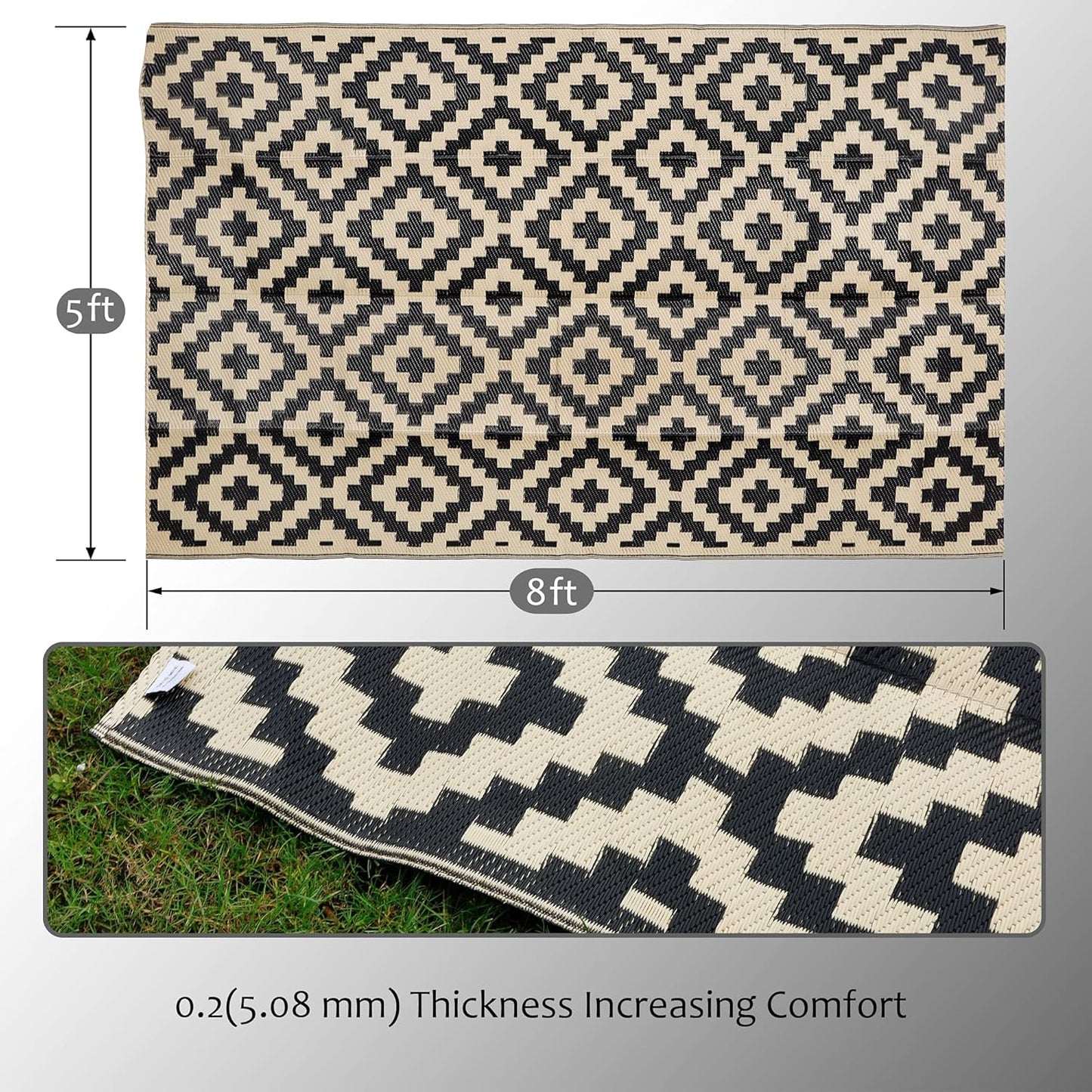 SAND MINE Waterproof Outdoor Rug - Reversible 5x8 ft Area Rug for Patio, Deck, Beach & Camping - Black & Beige