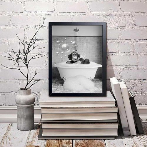 Framed Chimpanzee Wall Art - Fun Black and White Monkey Canvas Decor | 8x10 Inches for Bathroom or Man Cave