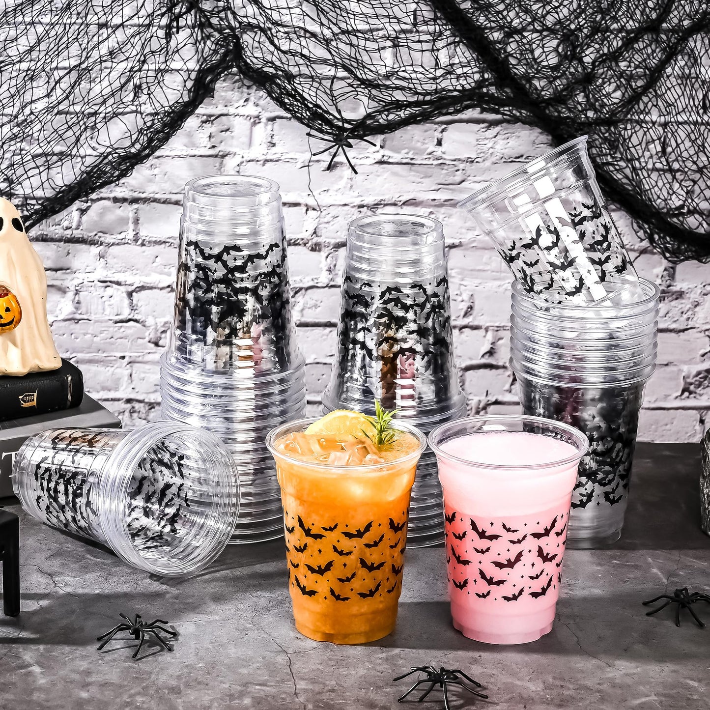 AimFun Halloween Bats Plastic Cups White Black Ghosts Disposable Party Cup Cute Spooky 12oz Clear Cups for Candy Beverage Snacks Birthday Baby Shower Party Supplies (50, Bats)