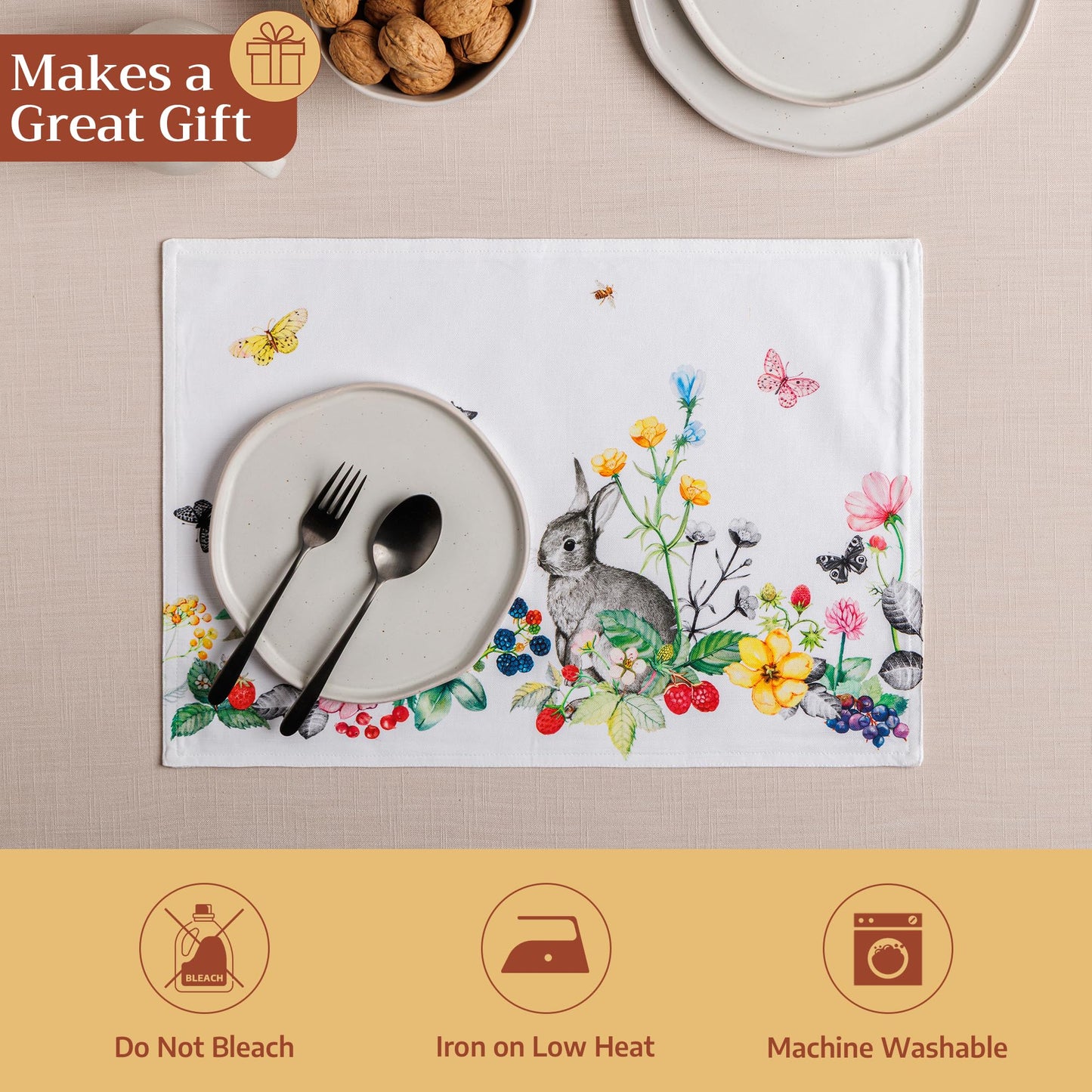 Maison d' Hermine Placemats Set of 4 100% Cotton Washable Cloth Place Mats Reusable Table Mats for Kitchen Dining Party Wedding Gifts for Mothers Day Spring/Summer (Printemps, 13" x 19")