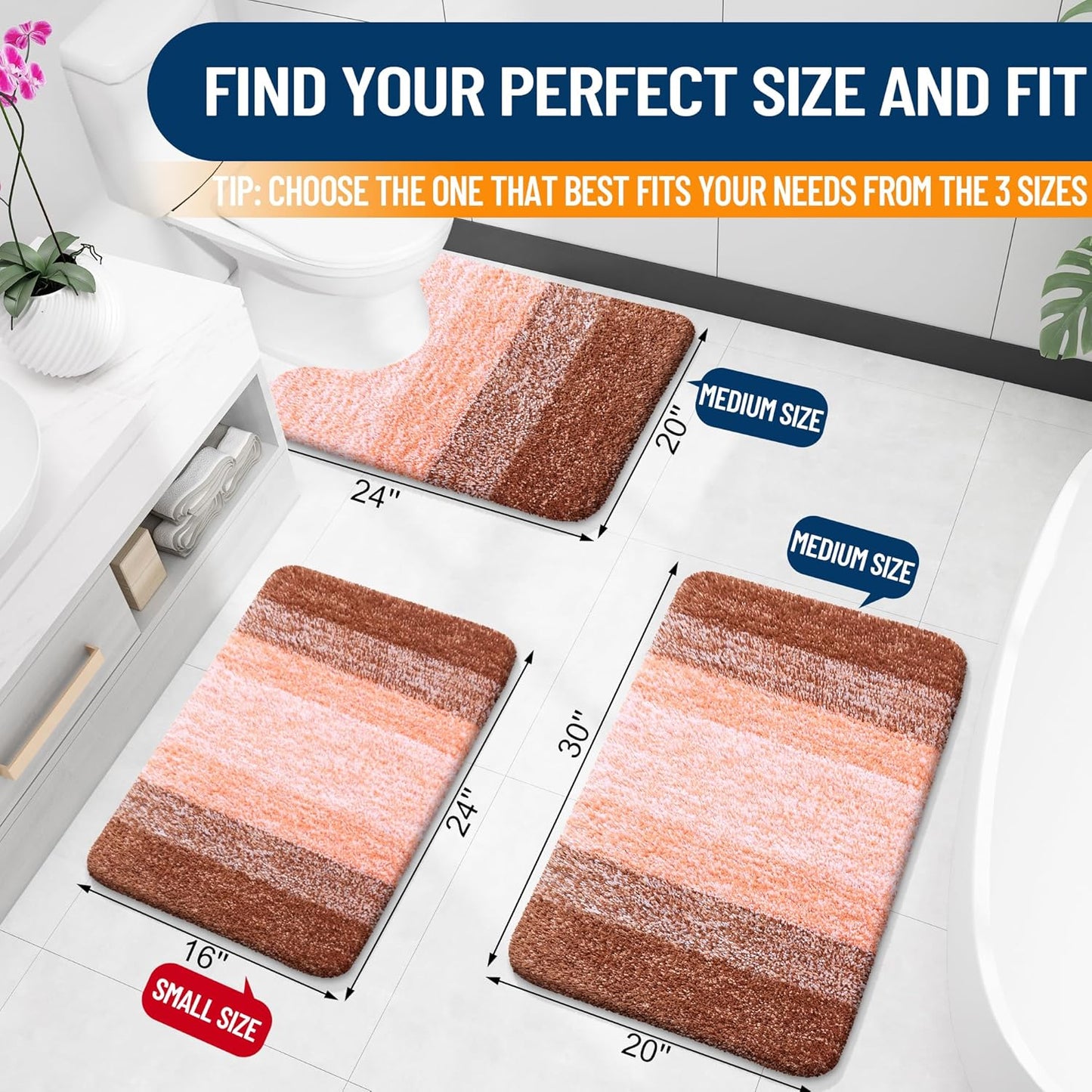OLANLY Luxury U-Shaped Toilet Rugs - Extra Soft, Absorbent Microfiber Bath Mat | 24x20, Non-Slip Orange