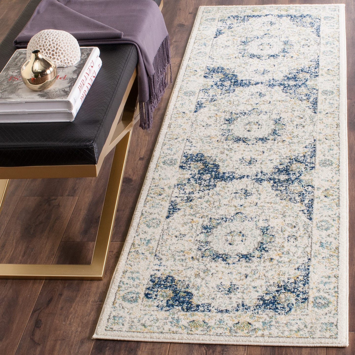 SAFAVIEH Evoke Collection 2'2" x 13' Ivory/Blue EVK220C Shabby Chic Oriental Medallion Non-Shedding Living Room Bedroom Runner Rug