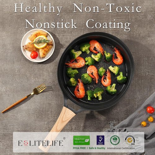 Eslite Life Nonstick Deep Frying Pan - Healthy Granite Coating, PFOA Free | 9.5 Inch Black Skillet